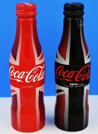 Full 2016 Union Jack Flag Aluminum Coca Cola & Coke Zero 2 Bottle Set U.  K.