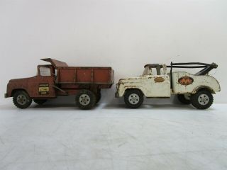 2x Vintage Tonka Pressed Steel Red Hydraulic Dump Truck & White Wrecker