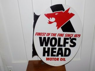 Wolf’s Head Motor Oil Double Sided Metal Flange Sign 1978