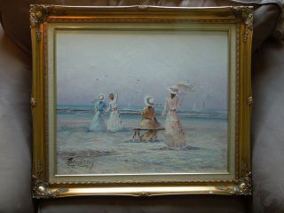 Signed Marie Charlot French 20th C Victorian Women On The Beach Oil Canvas 30x26