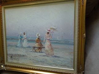 Signed Marie Charlot French 20th C Victorian Women on the Beach Oil Canvas 30X26 4