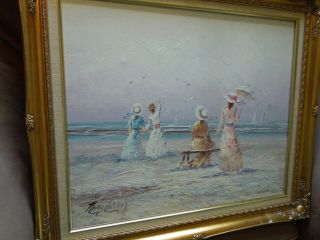 Signed Marie Charlot French 20th C Victorian Women on the Beach Oil Canvas 30X26 5