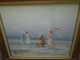 Signed Marie Charlot French 20th C Victorian Women on the Beach Oil Canvas 30X26 6