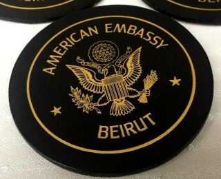 Vintage Antique American Embassy Beirut Coasters Set Of 8 All Leather W/ Holder