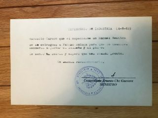 Ennesto Che Guevara (1928 - 1967) Rear Document Signed As Minister Of Industry