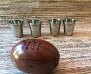 Vintage Set Of 4 Nesting Stainless Shot Glasses In Football Travel Case Germany