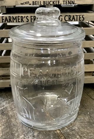 Planters " Running " Mr.  Peanut Clear Counter Container Glass Barrel Jar