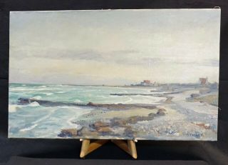 Antique Signed Oil Painting Of A Long Beach Scene & Distant Village