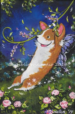 Welsh Pembroke Corgi Painting Dog Puppy Fairy On Vine Garden Art Gift