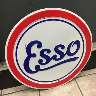 Vintage Esso Gasoline Gas Oil 24 " Large Embossed Round Metal Tin Sign Garage Usa