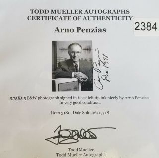“Nobel Prize In Physics” Arno Penzias Signed 5.  75 x 5.  5 Photo Todd Mueller 2