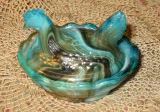 Boyd 171 Mini Glass Hen On Nest Basket Salt Aruba Slag Turquoise Olive Green