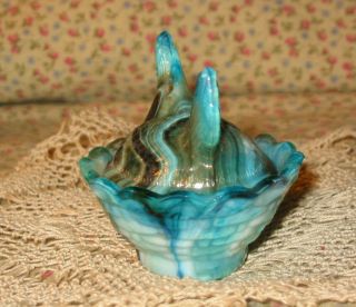 Boyd 171 Mini Glass Hen on Nest Basket Salt Aruba Slag Turquoise Olive Green 3