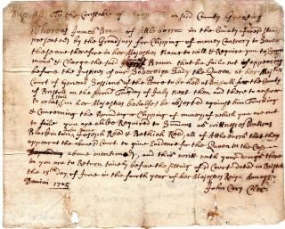 1705,  Attleboro,  Mass; Man Charged With Rounding And Chipping Off Money,  Signed