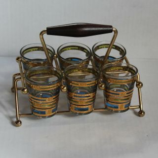 Set Of 6 Culver Empress Shot Glasses With Carrier - Gold Blue Green - 1960s