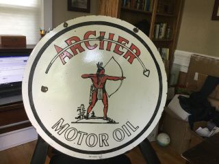1940s Archer Motor Oil Double Sided Porcelain Sign