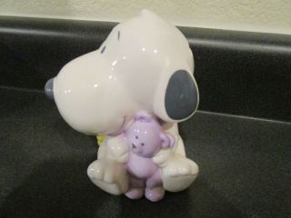 Baby Snoopy Woodstock Ceramic Piggy Bank Hallmark W/ Purple Teddy Bear Peanuts