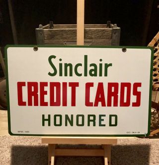 1953 Sinclair “credit Cards Honored” Porcelain Sign - Double Sided