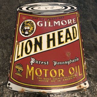 Vintage Gilmore Lion Head Gasoline Porcelain Oil Can Sign
