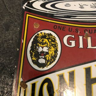 Vintage Gilmore Lion Head Gasoline Porcelain Oil Can Sign 2