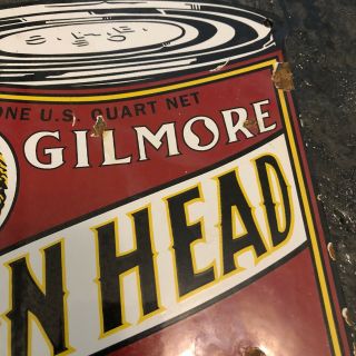 Vintage Gilmore Lion Head Gasoline Porcelain Oil Can Sign 3