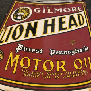 Vintage Gilmore Lion Head Gasoline Porcelain Oil Can Sign 6