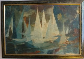 Jack Laycox Oil On Paper/board,  “racing Sails”,  Signed,  1969.  35 ½” X 23 ½”.