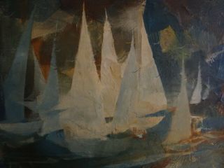 Jack Laycox Oil on Paper/Board,  “Racing Sails”,  Signed,  1969.  35 ½” x 23 ½”. 2