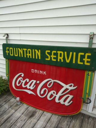 Coca Cola 1936 Porcelain Enamel Porcelain Sign 2x Sided Fountain Service 63x42 "