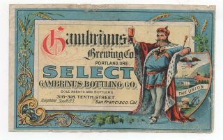 Rare 1890s Gambrinus Brewing Co Select Beer Label Portland & San Francisco Ca