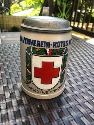1917 German Ww1 Antique Ceramic Beer Mug Stein Rotes Kreuz Weinachten