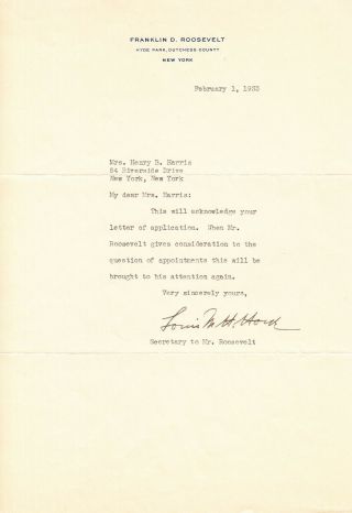 Louis M H Howe 1933 Tls Fdr Letterhead To Mrs Henry B Harris Re An Appointment