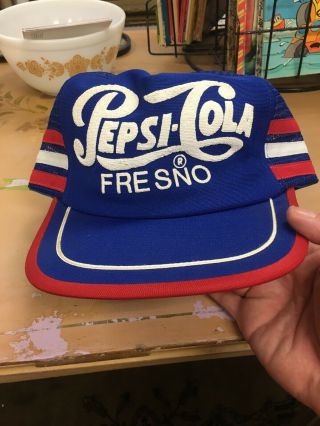 Vintage Pepsi Cola Soda Fresno California Trucker Snapback Mess Hat Made In Usa