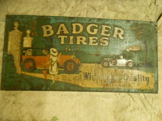 1920s Badger Tire Tin Sign With Wood Frame