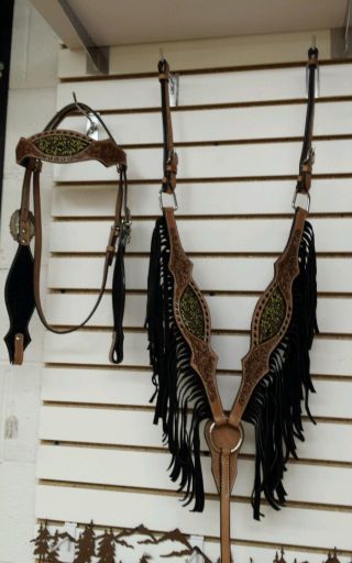 Gold Glitter Tooled Leather Fringe Headstall Bridle Breast Collar