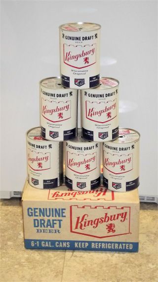 Kingsbury Beer Draft (6) One Gallon Beer Cans & Box G.  Heilemans