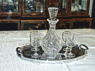 Magnificent Vintage Hand Crafted Crystal Decanter Wine Glasses & Tray