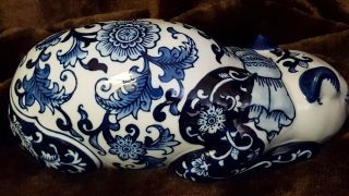 ORNATE Blue FLOWERS on White Large HAND PAINTED Sleeping Cat Figurine Kutani 4