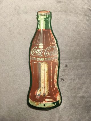 Vintage 17 " Coca - Cola Bottle Thermometer Tin Sign - 1950s
