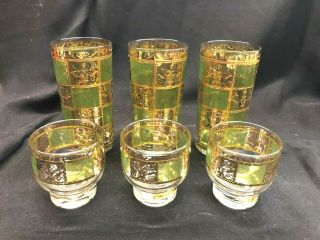 Mid - Century Culver Glass Prado Green Gold Tumblers (3) & Cocktail Glasses (3)