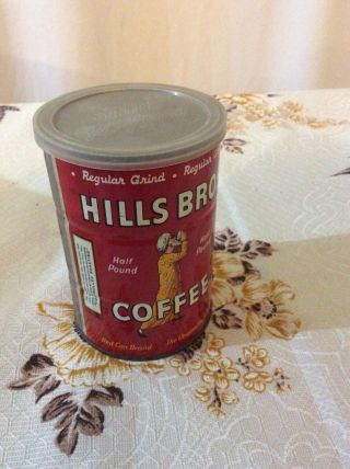 Vtg HILLS BROS BROTHERS COFFEE Can Half Pound 8 oz Tin Lid Plastic Metal 3