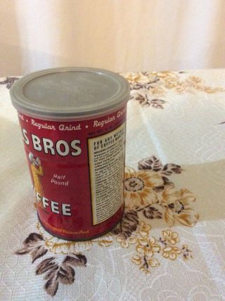 Vtg HILLS BROS BROTHERS COFFEE Can Half Pound 8 oz Tin Lid Plastic Metal 4