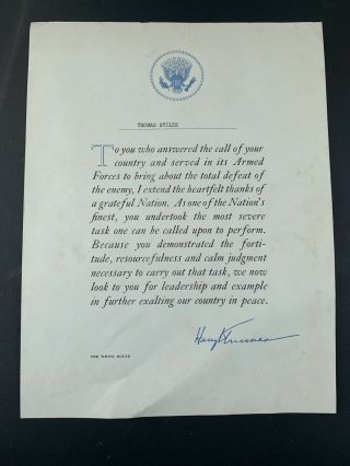 Signed Official Letter From Usa President Harry Truman White House Rare