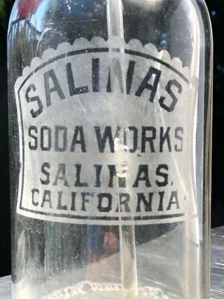 Vintage Seltzer Bottle.  Salinas Soda Salinas California.  Etched.  1920 