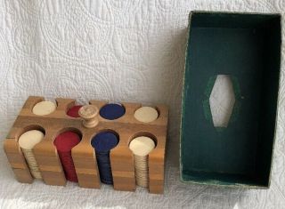 Vintage Wooden Poker Chips Set & Wood Case With Cardboard Lid Man Cave Game Room