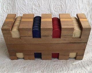 Vintage Wooden Poker Chips Set & Wood Case with Cardboard Lid Man Cave Game Room 8