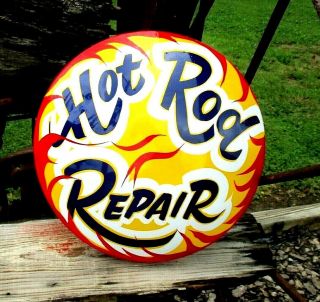 Vintage Custom Chevy Dodge Painted Flames Hubcap Hot Rod Repair Garage Sign