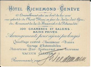 AZ - 059 - Hotel Richemond,  Geneve Switzerland Advertising Card 1890 ' s - 1920 ' s Vntg 2