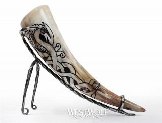Hand - Carved Viking Dragon Drinking Horn With Forged Iron Stand - - Norse/medieval