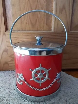 Vintage Nautical Red Chrome Ice Bucket Wheel Anchors Chain Retro Barware Japan